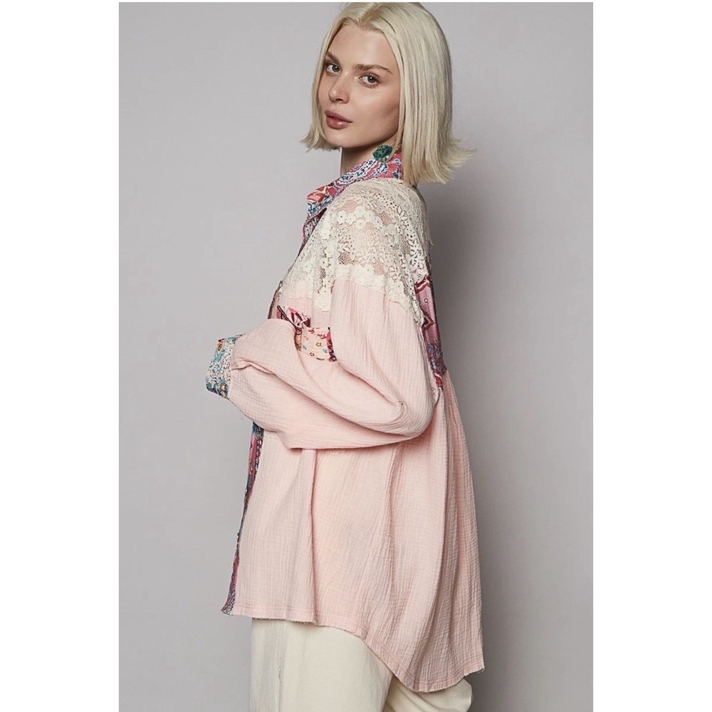 POL Patchwork Floral Trim Long Sleeve Women's Gauze Button Up‎ Shirt Size M - Picture 2 of 16